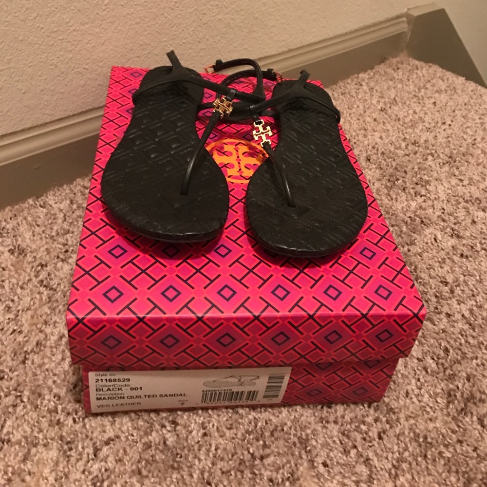 New Tory Burch Black Marion Quilted Sandal Sz 7